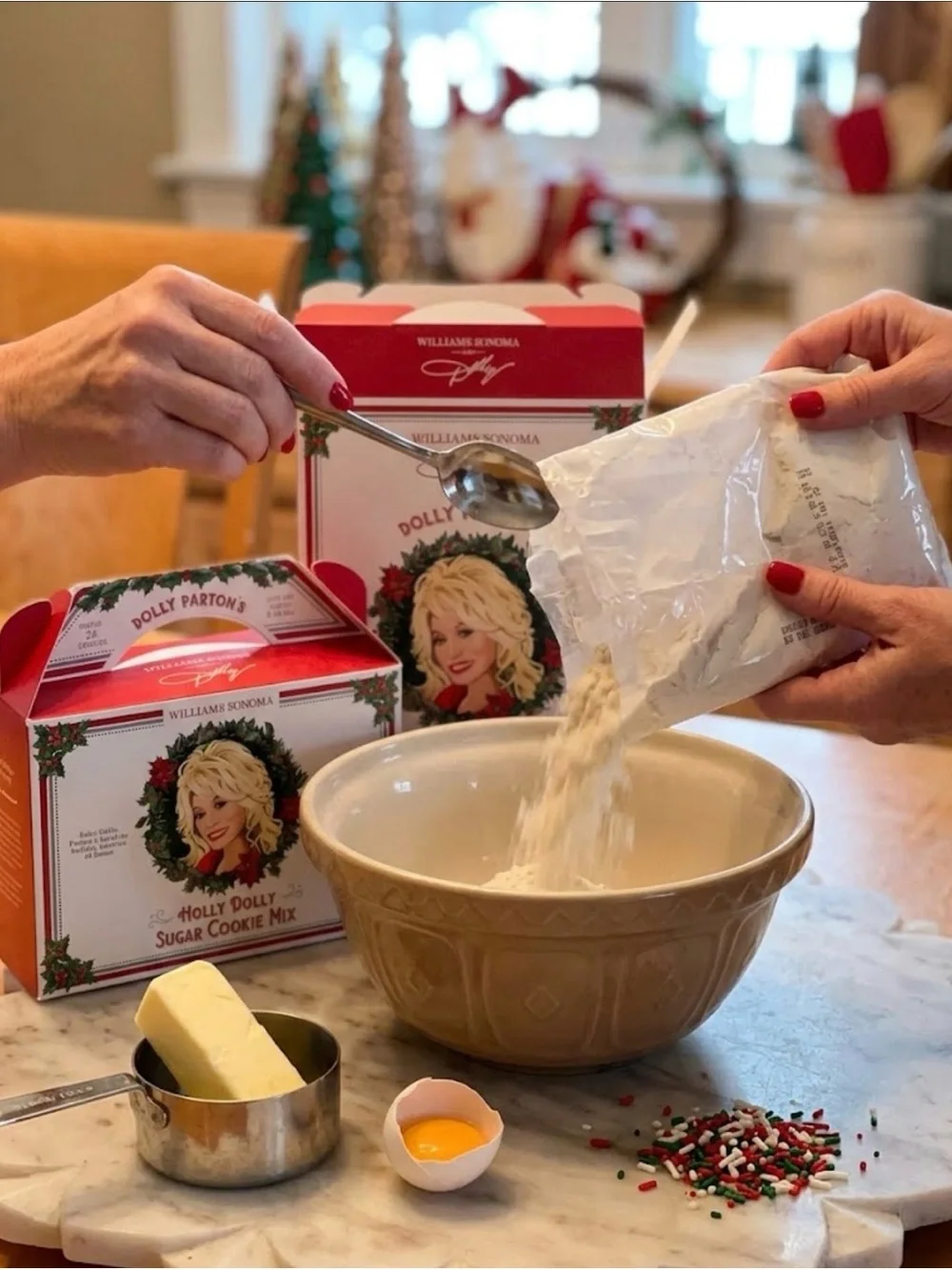 Williams Sonoma Holiday Sugar Cookie Mix with Red Gift Box and Cream Mixing Bowl